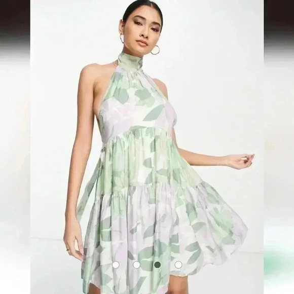 ASOS DESIGN Halter Tiered Voile Mini Dress With Tie Back Detail SIZE 4 - Picture 10 of 11